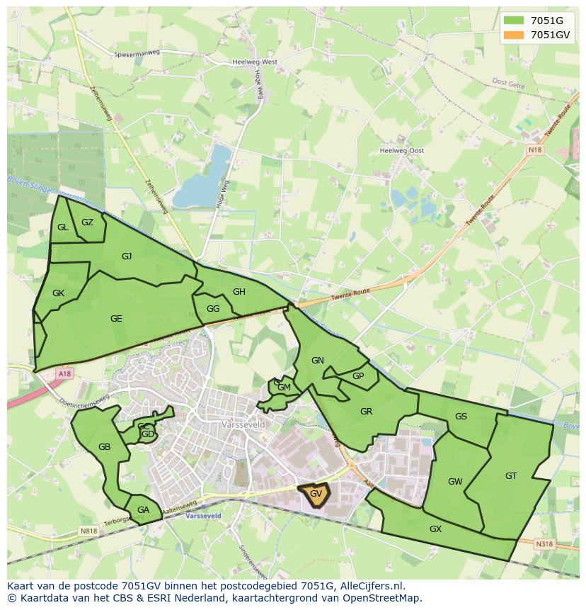 Afbeelding van het postcodegebied 7051 GV op de kaart.