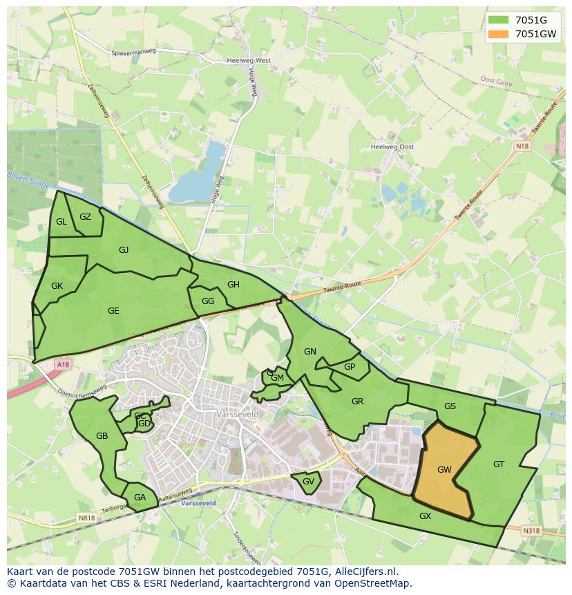 Afbeelding van het postcodegebied 7051 GW op de kaart.