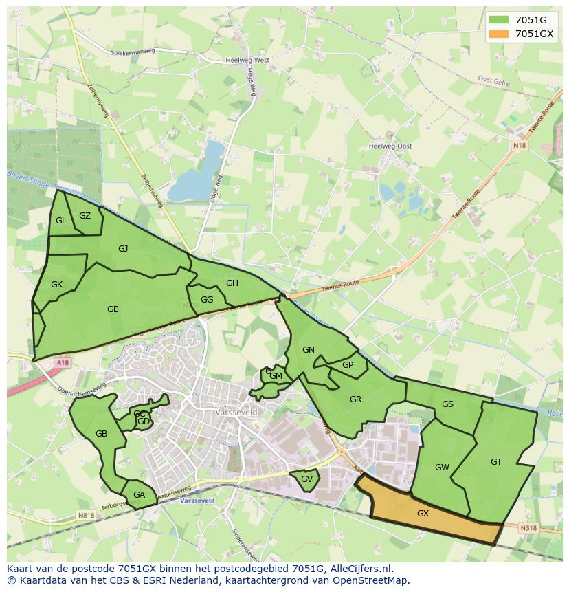 Afbeelding van het postcodegebied 7051 GX op de kaart.