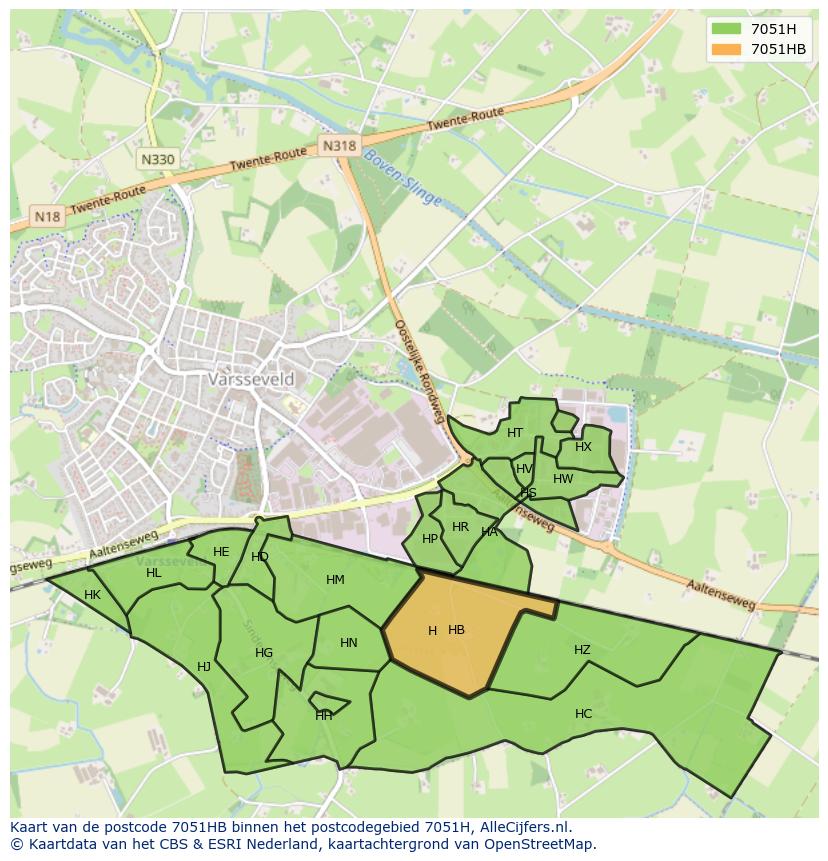 Afbeelding van het postcodegebied 7051 HB op de kaart.