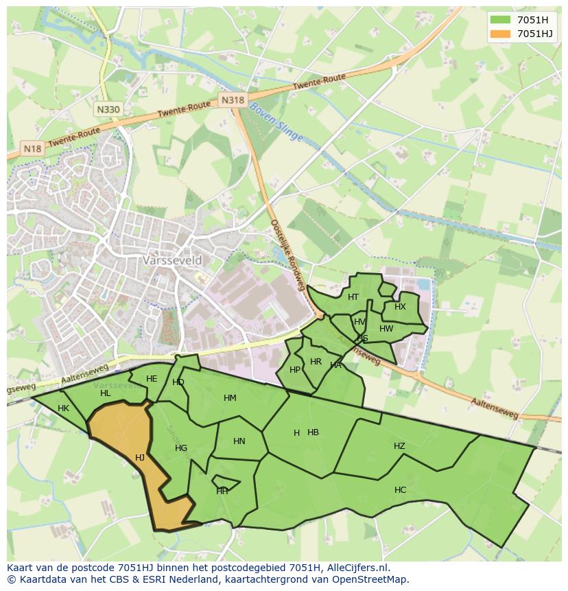 Afbeelding van het postcodegebied 7051 HJ op de kaart.