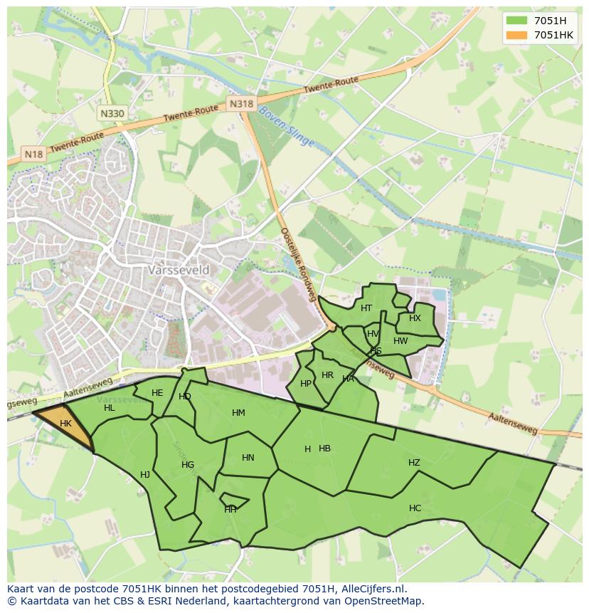 Afbeelding van het postcodegebied 7051 HK op de kaart.