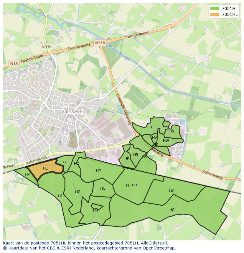 Afbeelding van het postcodegebied 7051 HL op de kaart.