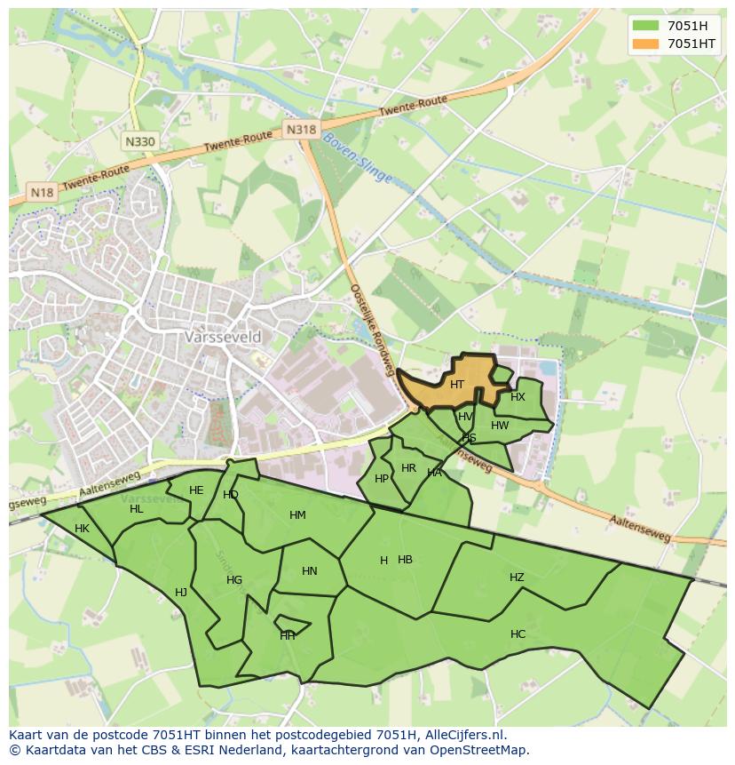 Afbeelding van het postcodegebied 7051 HT op de kaart.