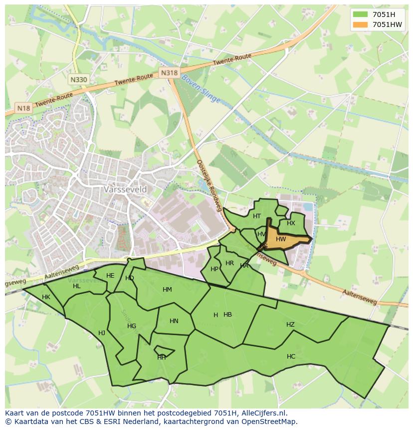 Afbeelding van het postcodegebied 7051 HW op de kaart.