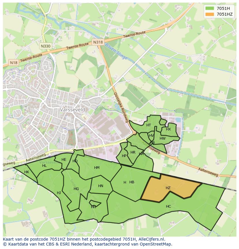 Afbeelding van het postcodegebied 7051 HZ op de kaart.