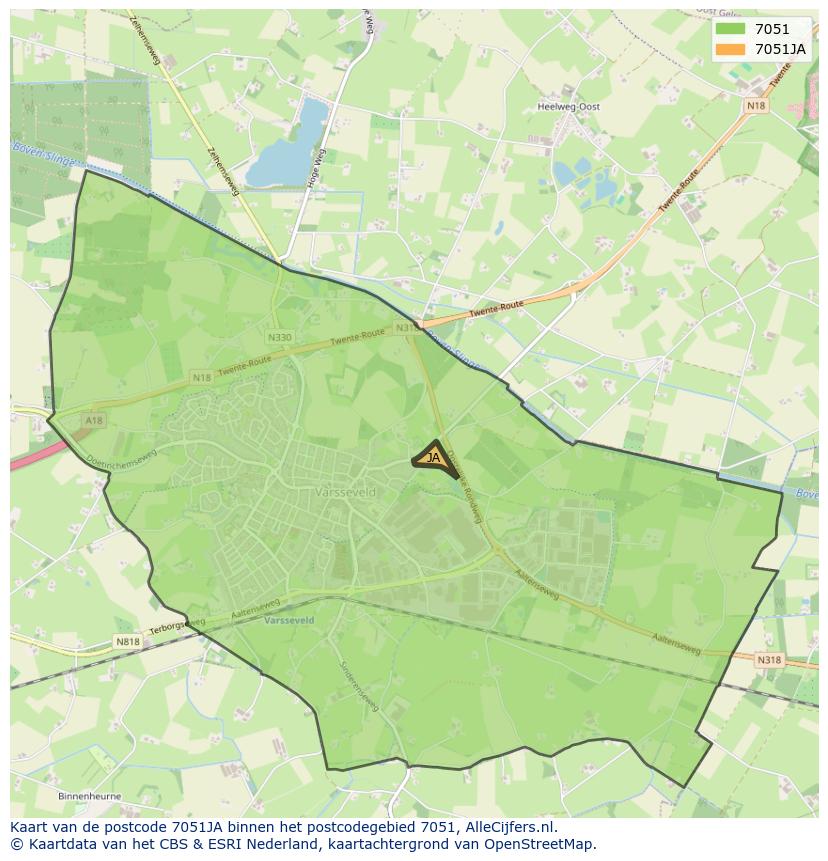 Afbeelding van het postcodegebied 7051 JA op de kaart.