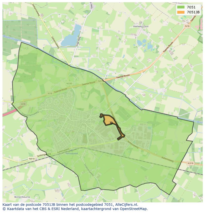Afbeelding van het postcodegebied 7051 JB op de kaart.