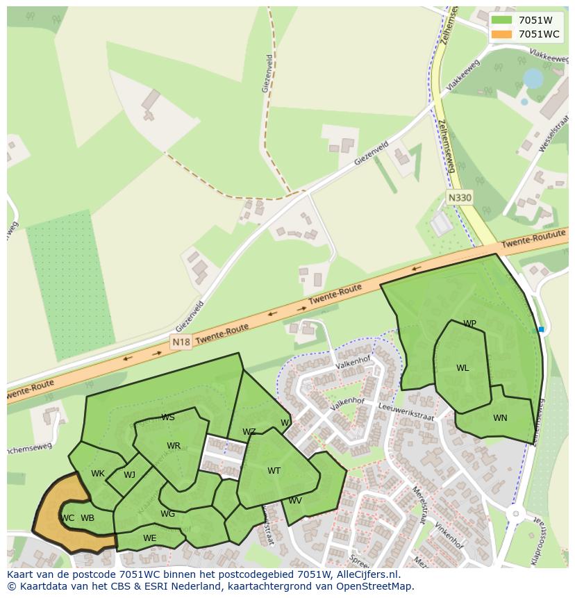 Afbeelding van het postcodegebied 7051 WC op de kaart.