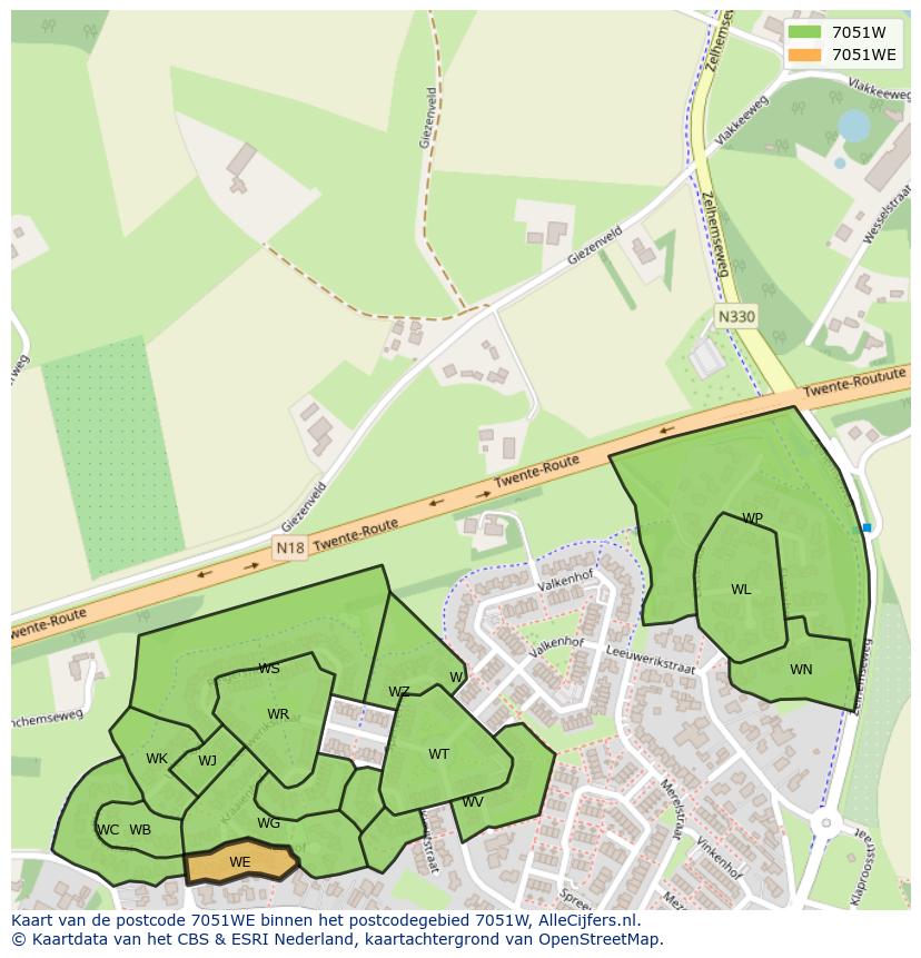 Afbeelding van het postcodegebied 7051 WE op de kaart.