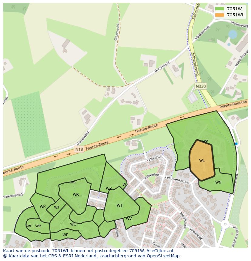 Afbeelding van het postcodegebied 7051 WL op de kaart.