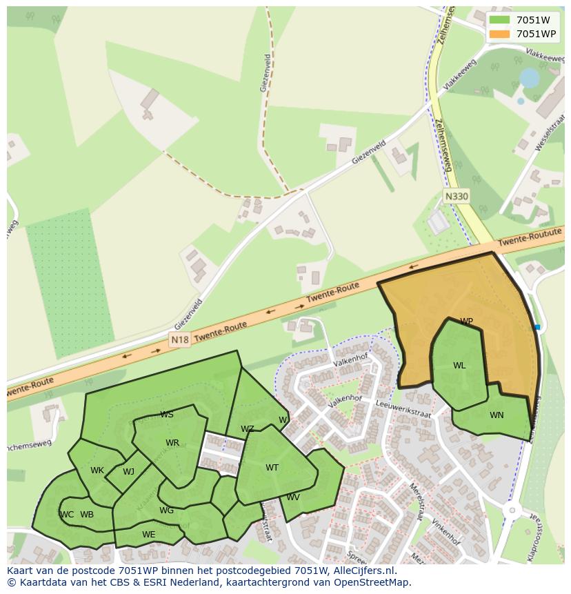 Afbeelding van het postcodegebied 7051 WP op de kaart.