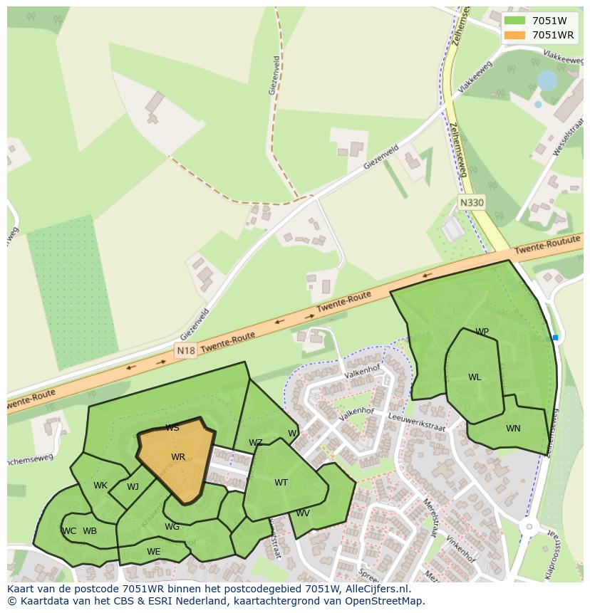 Afbeelding van het postcodegebied 7051 WR op de kaart.