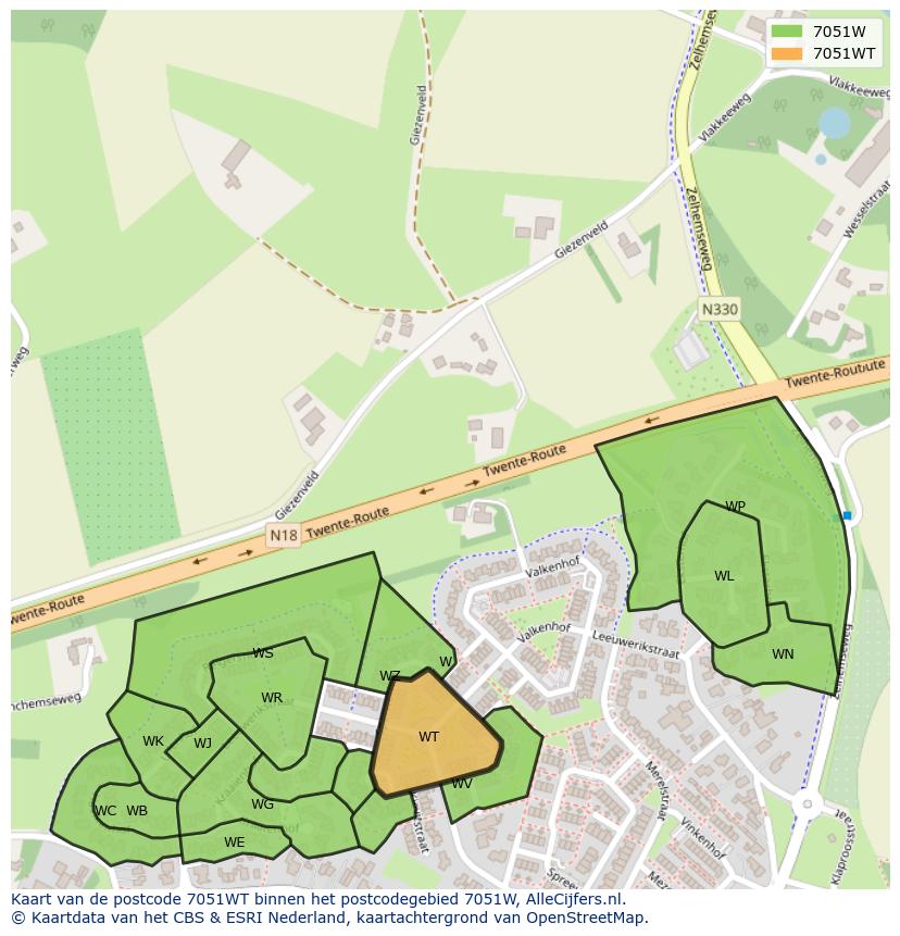 Afbeelding van het postcodegebied 7051 WT op de kaart.