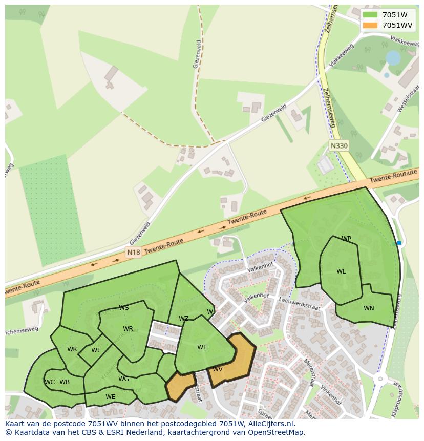 Afbeelding van het postcodegebied 7051 WV op de kaart.