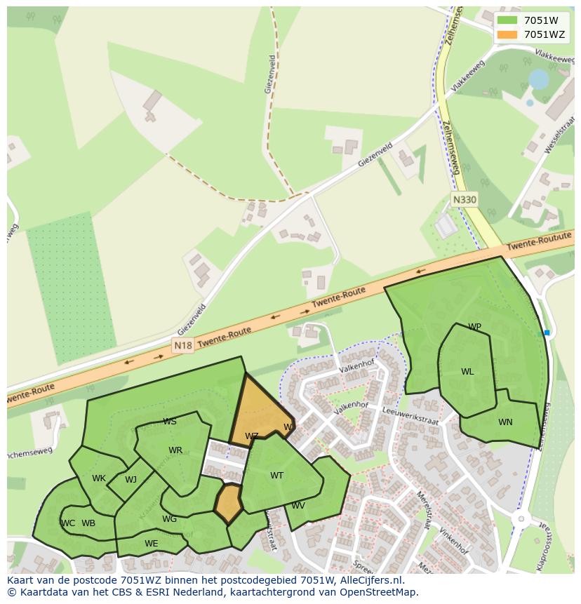 Afbeelding van het postcodegebied 7051 WZ op de kaart.