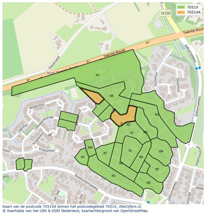 Afbeelding van het postcodegebied 7051 XA op de kaart.