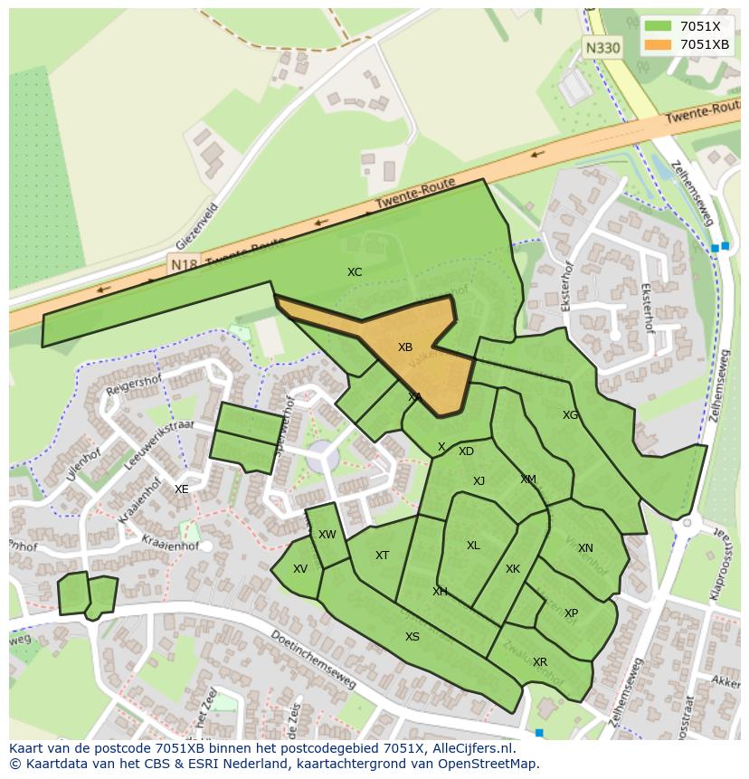 Afbeelding van het postcodegebied 7051 XB op de kaart.