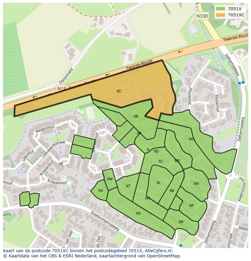 Afbeelding van het postcodegebied 7051 XC op de kaart.
