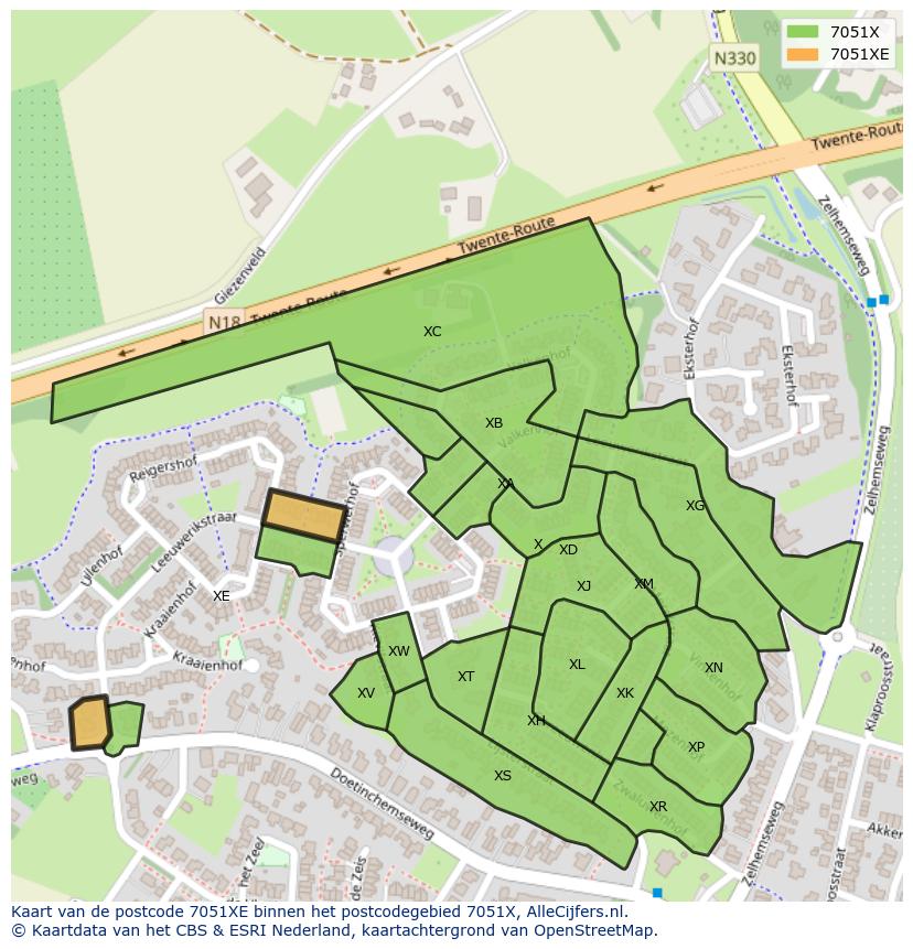 Afbeelding van het postcodegebied 7051 XE op de kaart.