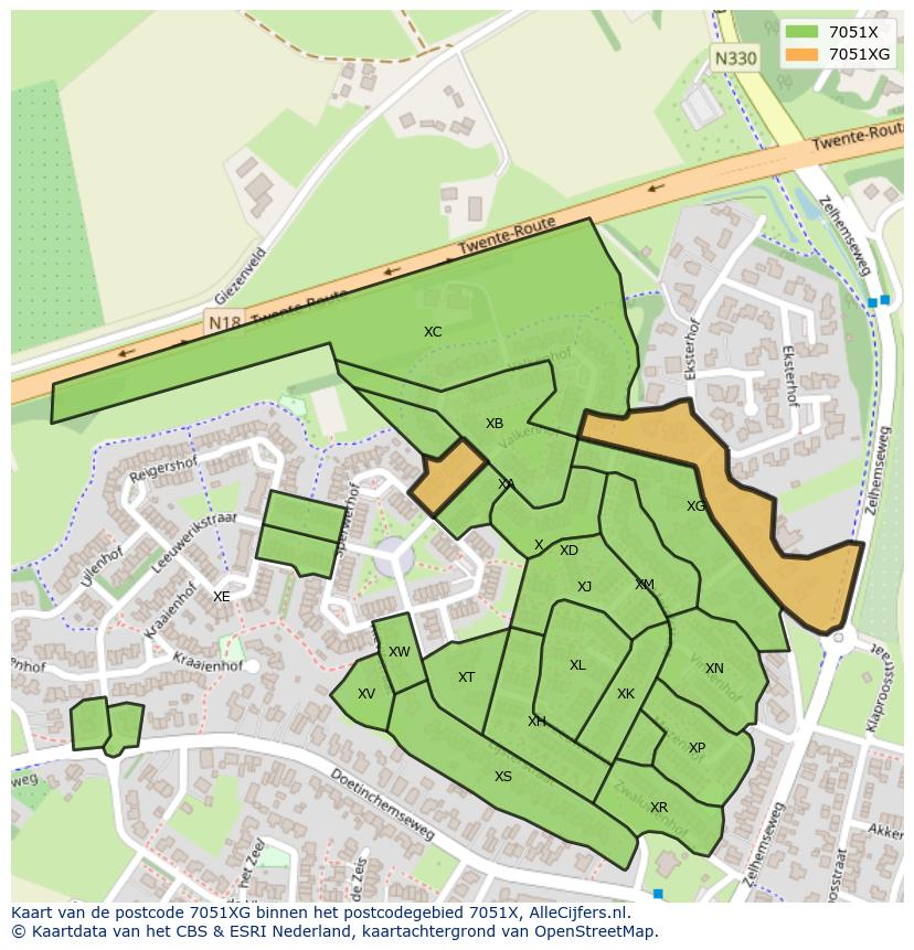 Afbeelding van het postcodegebied 7051 XG op de kaart.
