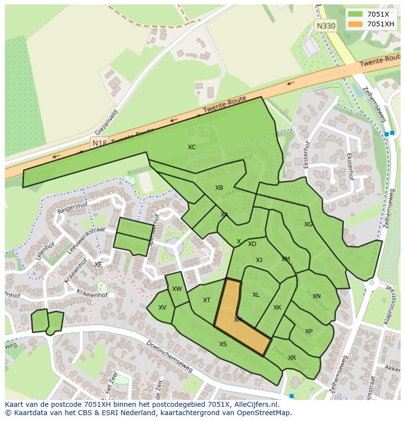 Afbeelding van het postcodegebied 7051 XH op de kaart.