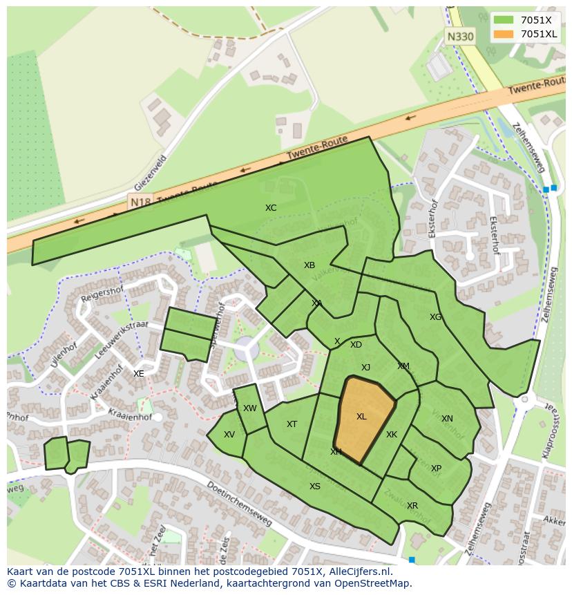 Afbeelding van het postcodegebied 7051 XL op de kaart.