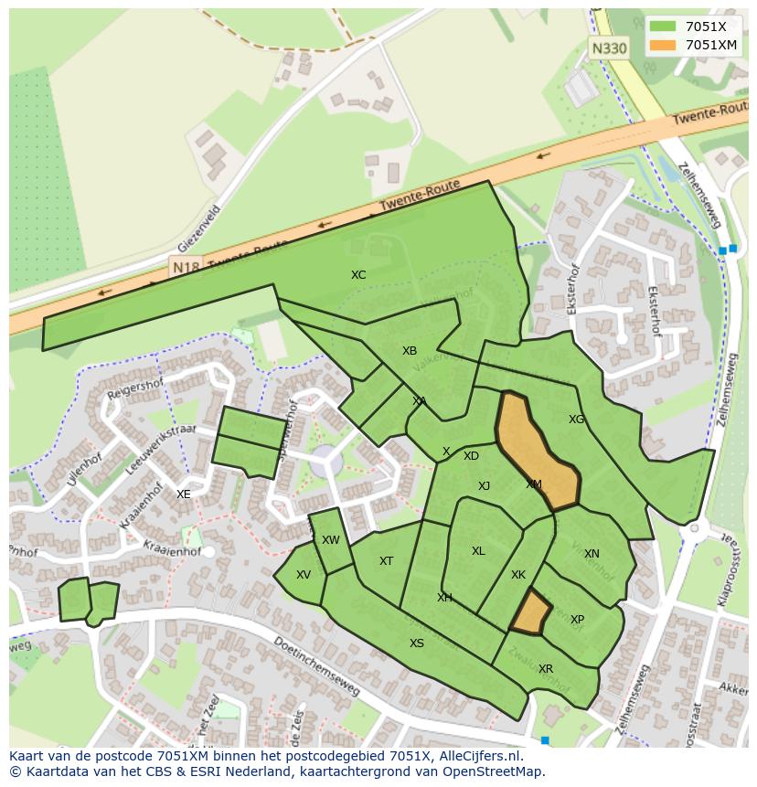 Afbeelding van het postcodegebied 7051 XM op de kaart.