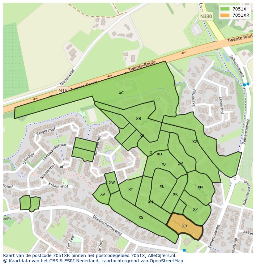 Afbeelding van het postcodegebied 7051 XR op de kaart.