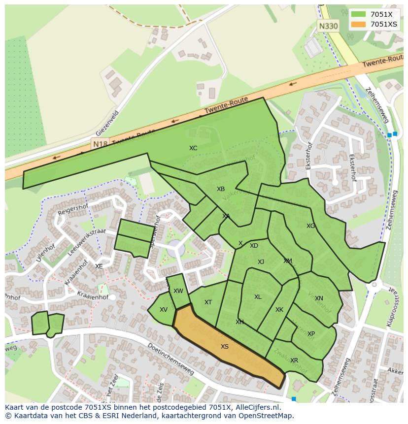 Afbeelding van het postcodegebied 7051 XS op de kaart.