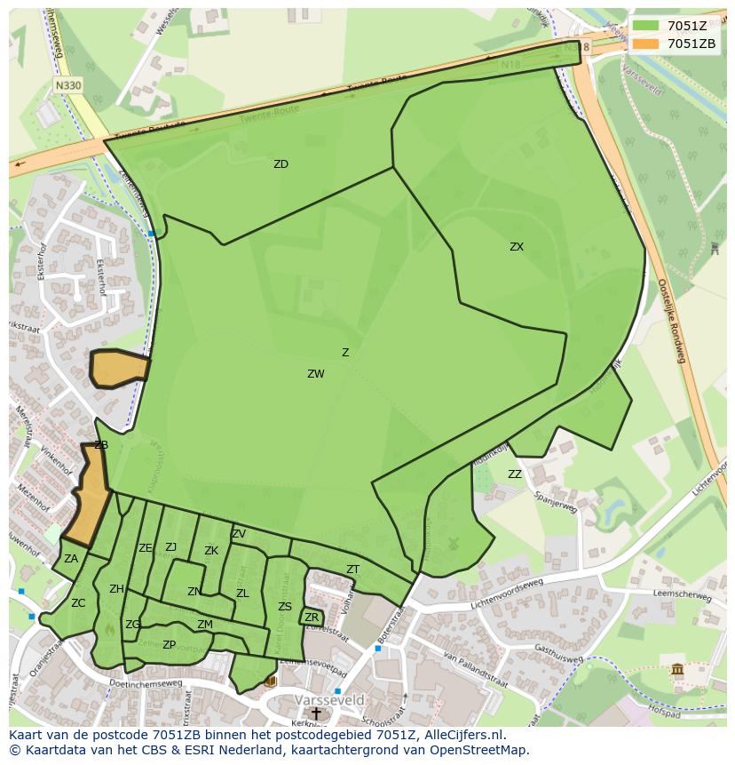 Afbeelding van het postcodegebied 7051 ZB op de kaart.