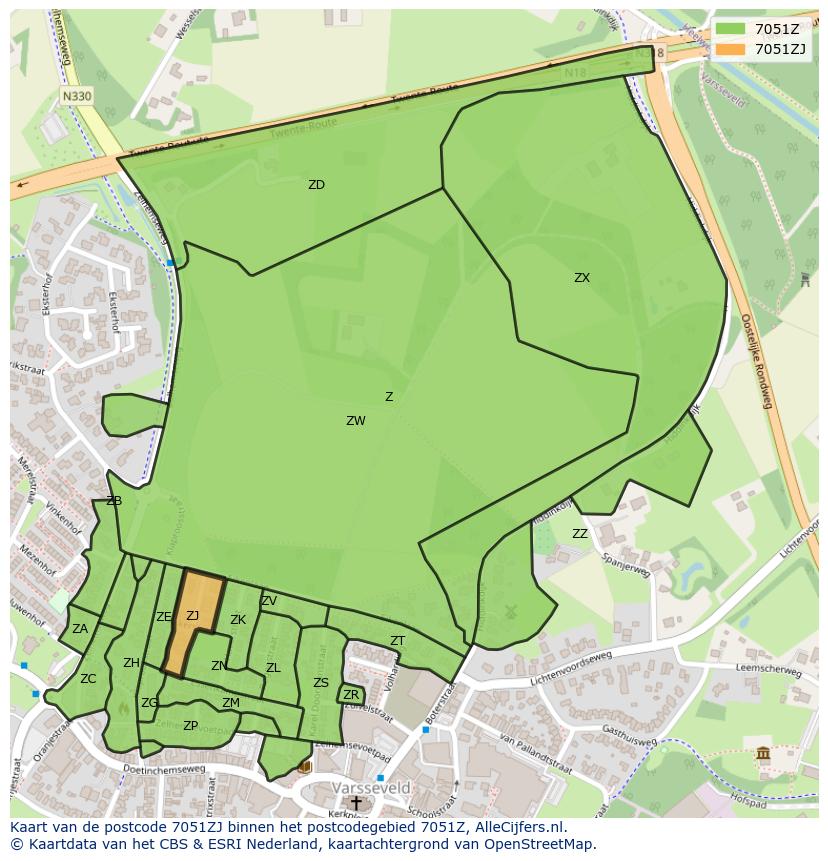 Afbeelding van het postcodegebied 7051 ZJ op de kaart.