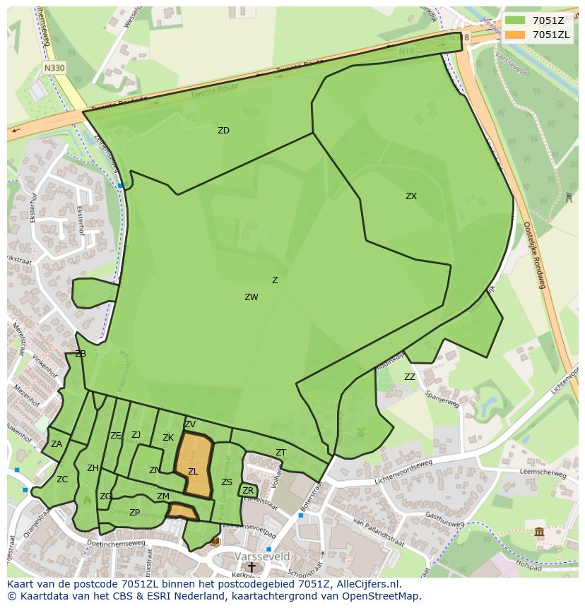 Afbeelding van het postcodegebied 7051 ZL op de kaart.