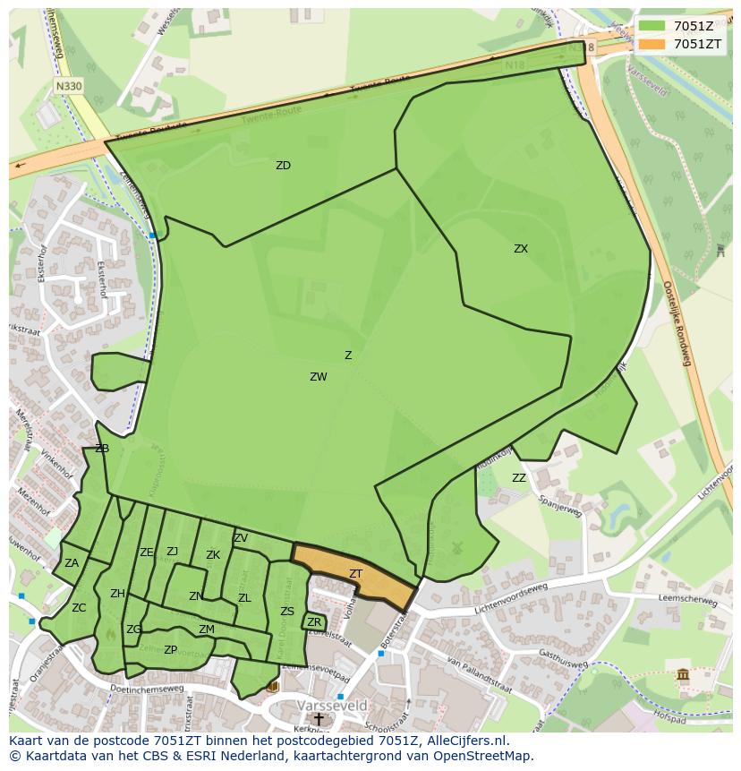 Afbeelding van het postcodegebied 7051 ZT op de kaart.
