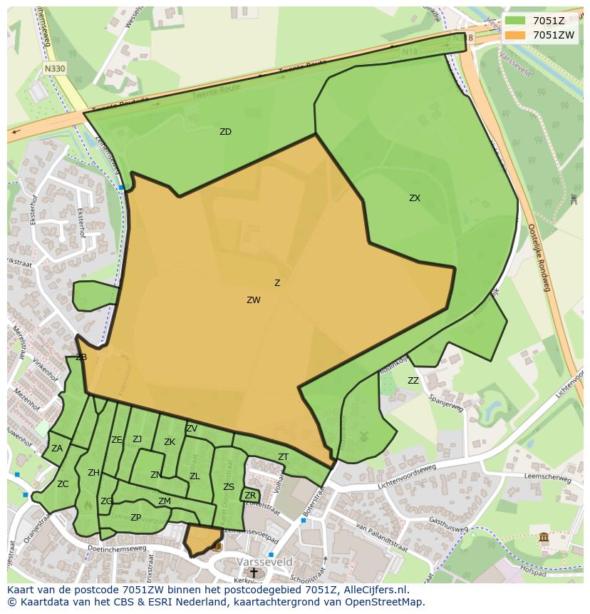 Afbeelding van het postcodegebied 7051 ZW op de kaart.