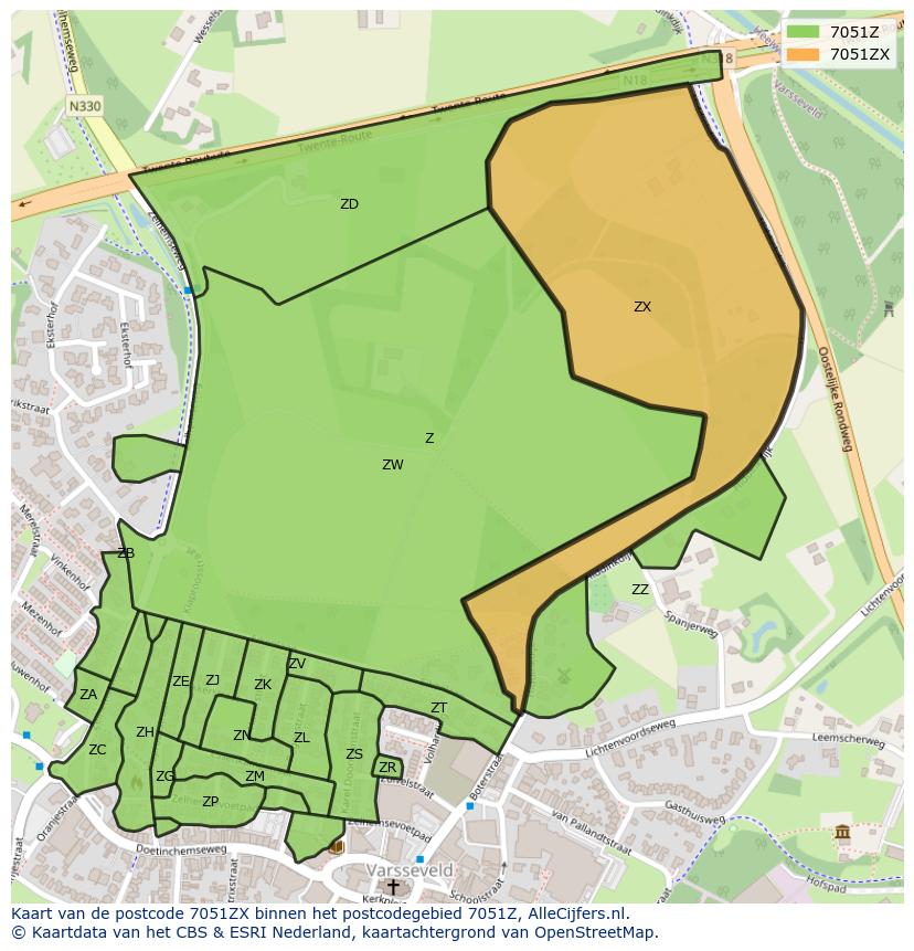 Afbeelding van het postcodegebied 7051 ZX op de kaart.