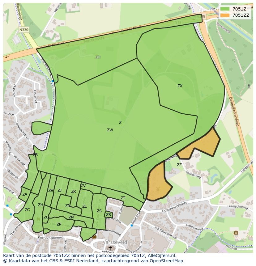 Afbeelding van het postcodegebied 7051 ZZ op de kaart.