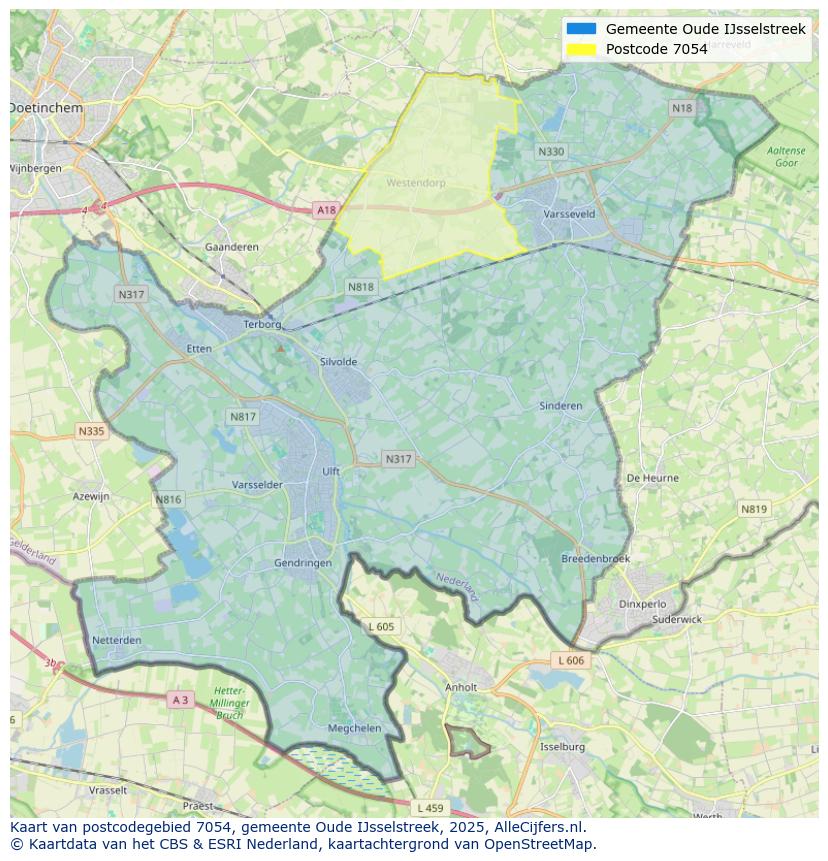 Afbeelding van het postcodegebied 7054 op de kaart.