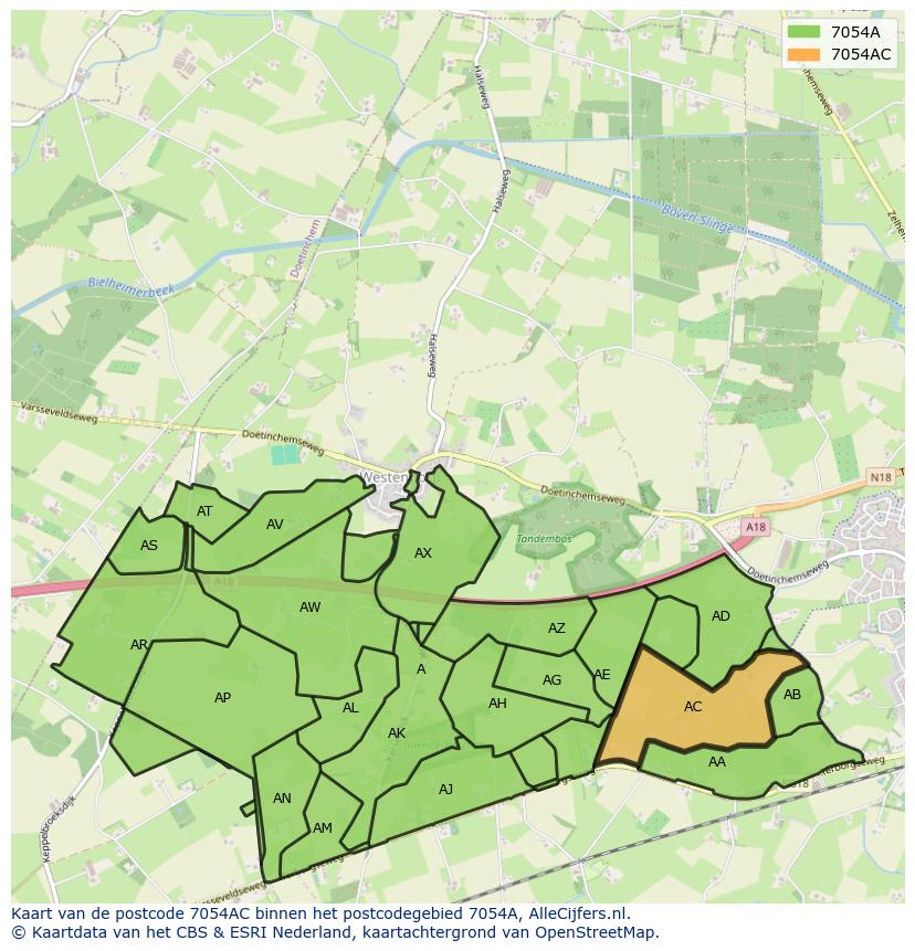 Afbeelding van het postcodegebied 7054 AC op de kaart.