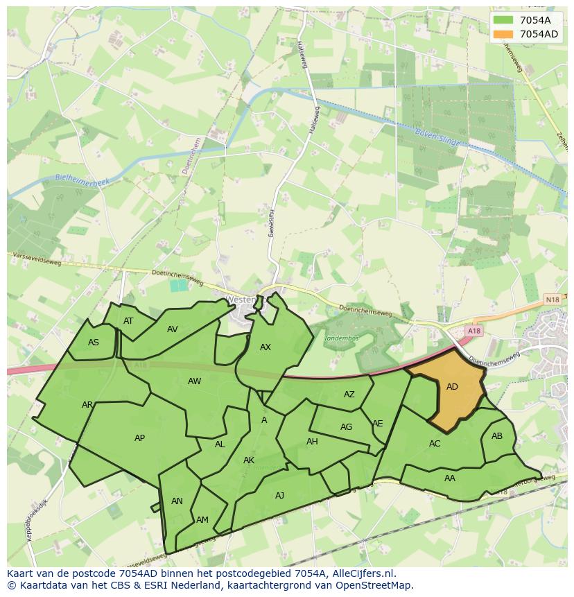 Afbeelding van het postcodegebied 7054 AD op de kaart.