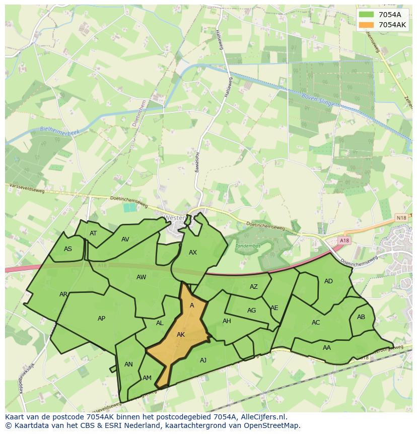 Afbeelding van het postcodegebied 7054 AK op de kaart.