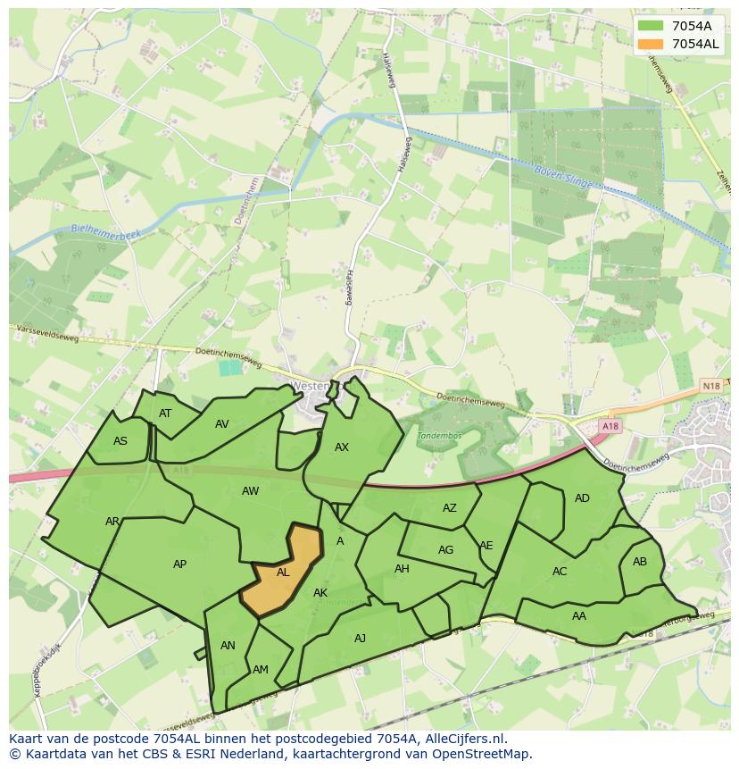 Afbeelding van het postcodegebied 7054 AL op de kaart.