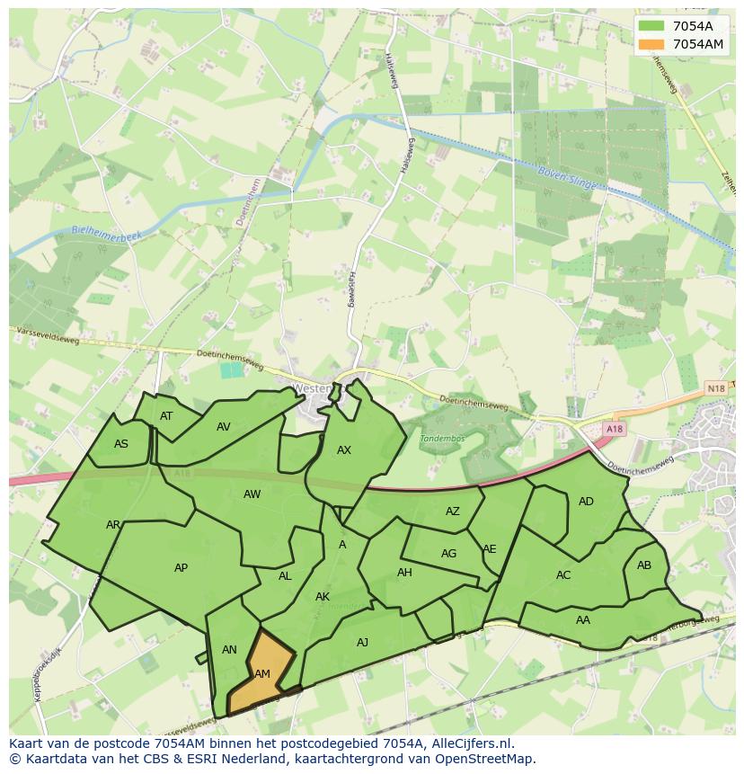 Afbeelding van het postcodegebied 7054 AM op de kaart.