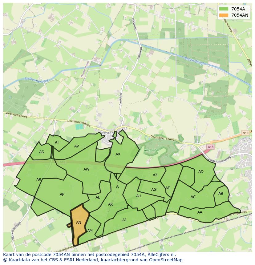 Afbeelding van het postcodegebied 7054 AN op de kaart.