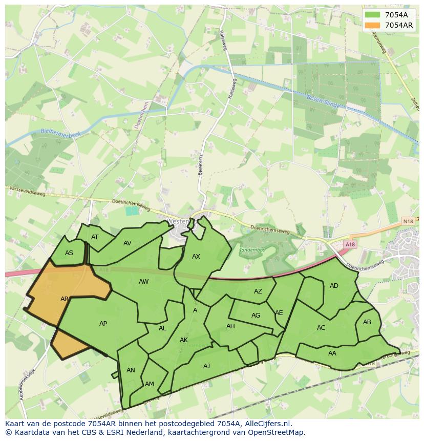 Afbeelding van het postcodegebied 7054 AR op de kaart.
