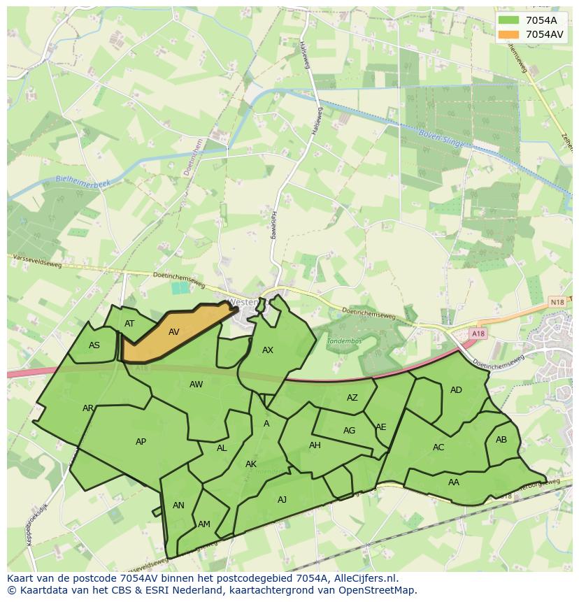 Afbeelding van het postcodegebied 7054 AV op de kaart.