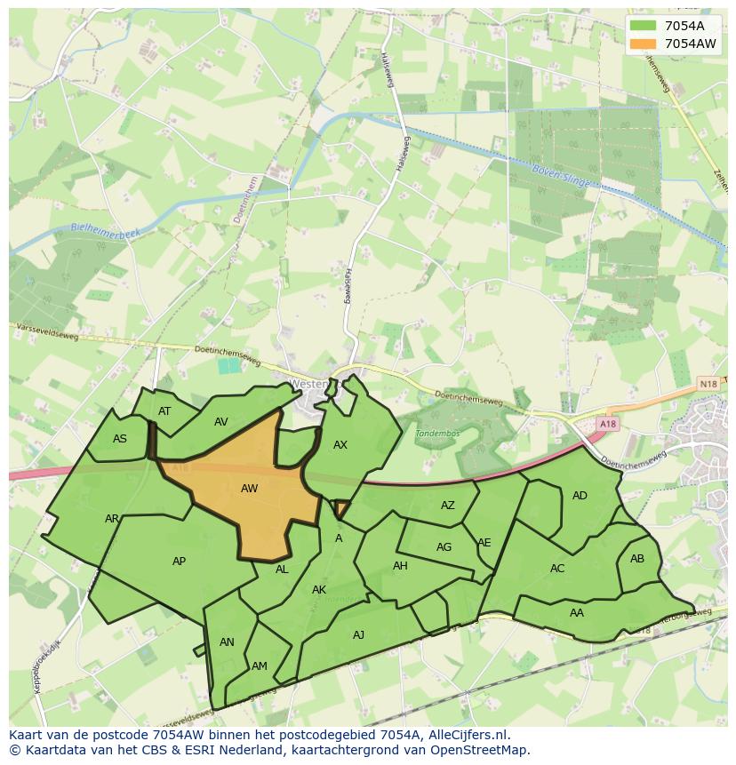 Afbeelding van het postcodegebied 7054 AW op de kaart.