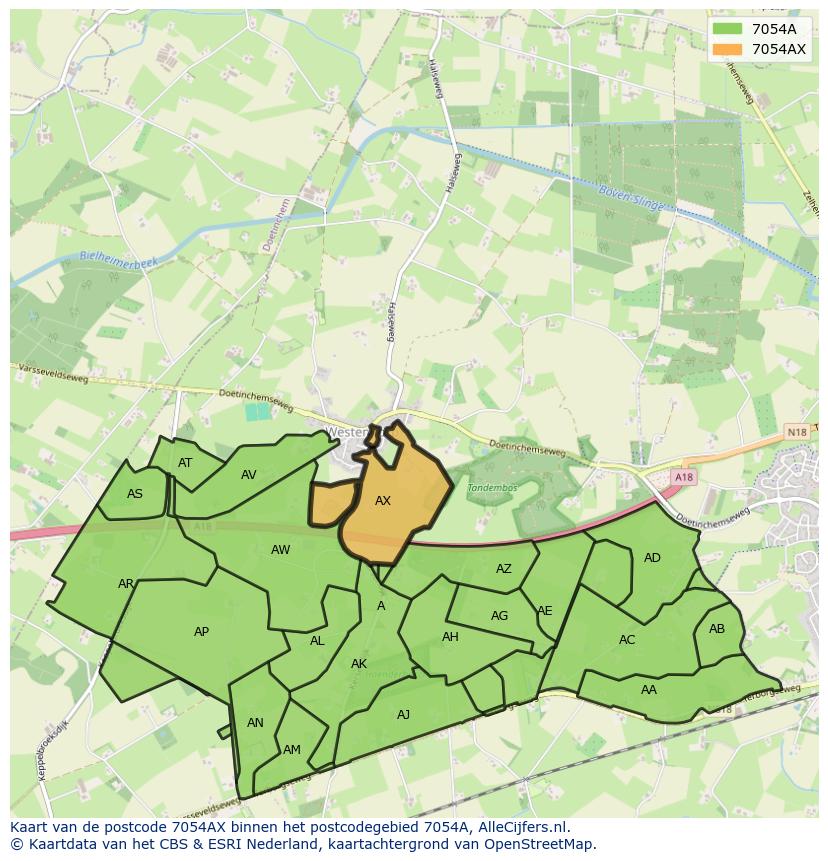 Afbeelding van het postcodegebied 7054 AX op de kaart.