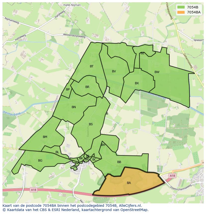 Afbeelding van het postcodegebied 7054 BA op de kaart.