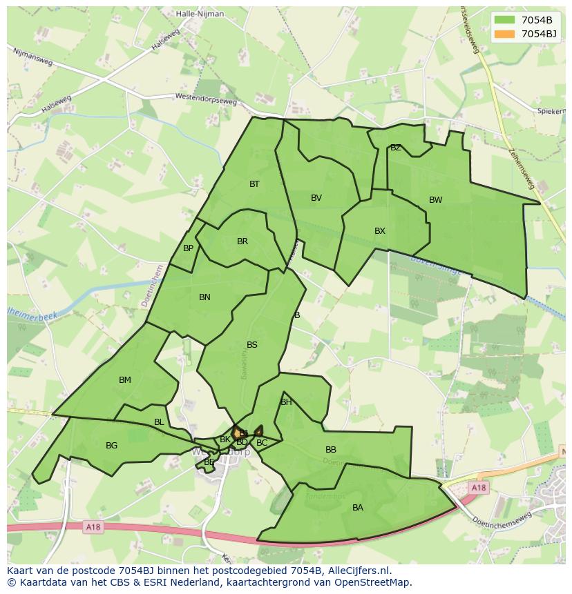 Afbeelding van het postcodegebied 7054 BJ op de kaart.